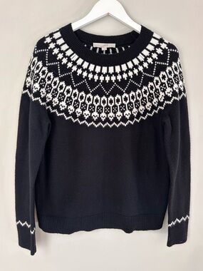 LOFT Fair Isle Sweater Small Black Ivory Nordic Chunky Knit Apres Ski Cozy
